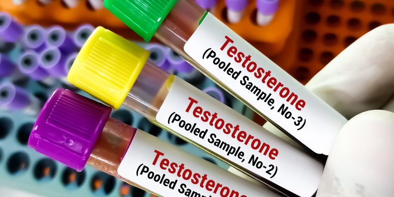 3 frascos de exame de testosterona nas mãos de um médico